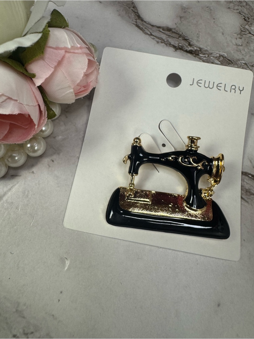 Black & Gold Sewing Machine Brooch - Jewelry
